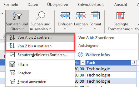 Nicht gefilterte Daten ueber Menueleiste sortieren