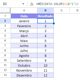 Nome para numero google sheets