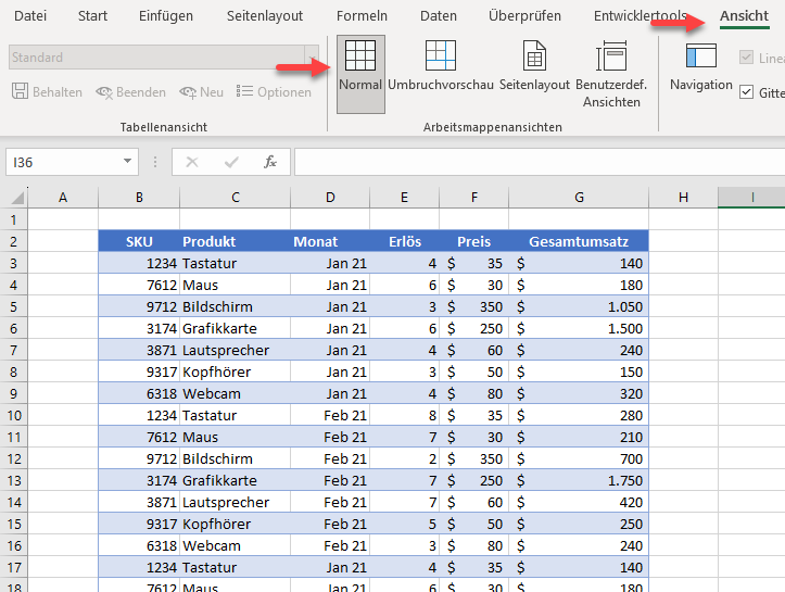 Normalansicht in Excel aktivieren