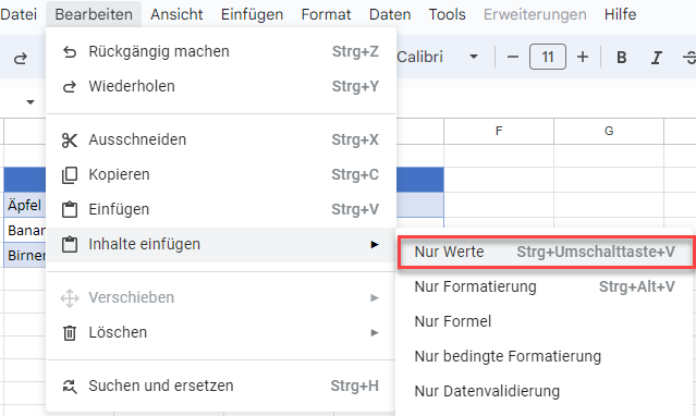 Nur Werte in Google Sheets einfuegen