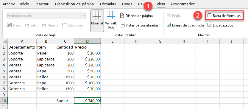 Ocultar Barra de Fórmulas en Excel