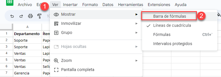 Ocultar Barra de Fórmulas en Google Sheets