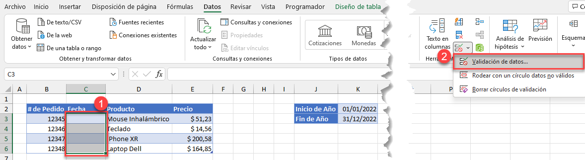 Opción Validación de Datos