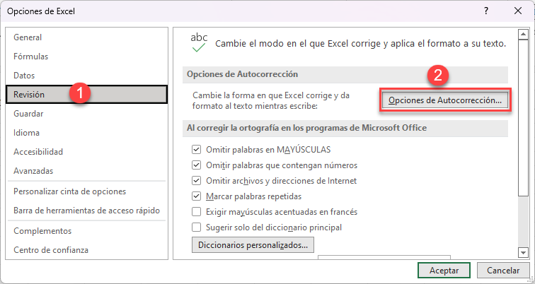 Opciones de Autocorrección