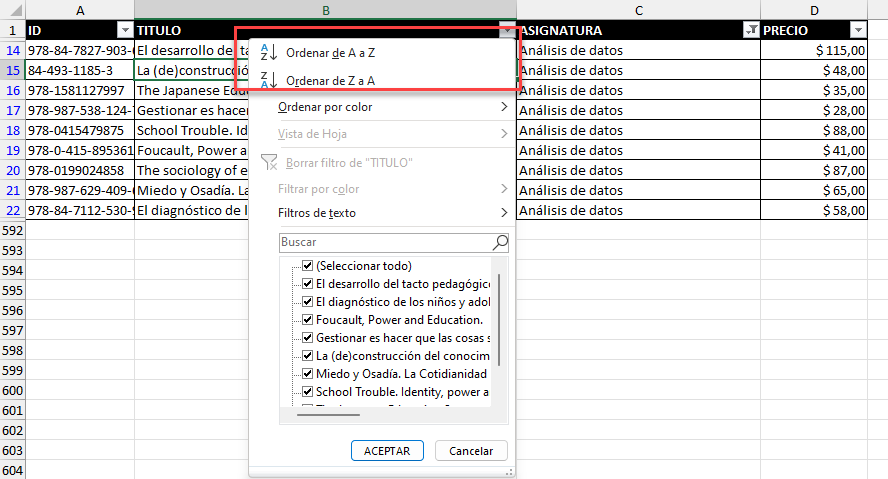 Ordenar Tabla Filtrada