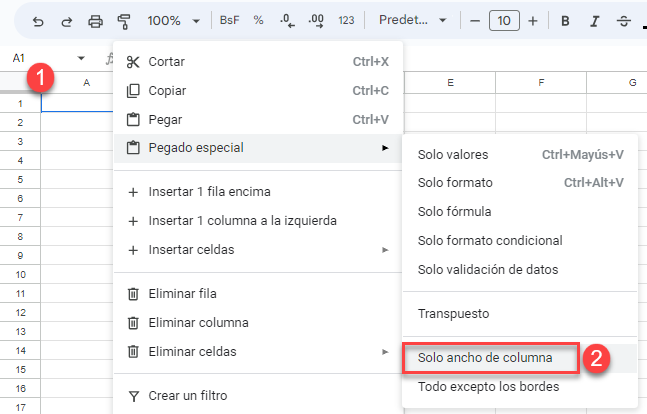 Pegado Especial Solo Ancho de Columna en Google Sheets