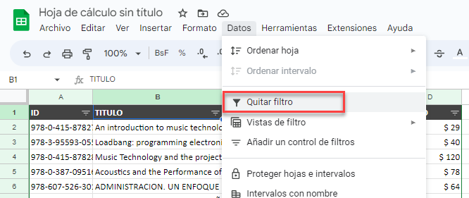 Quitar Filtros en Google Sheets