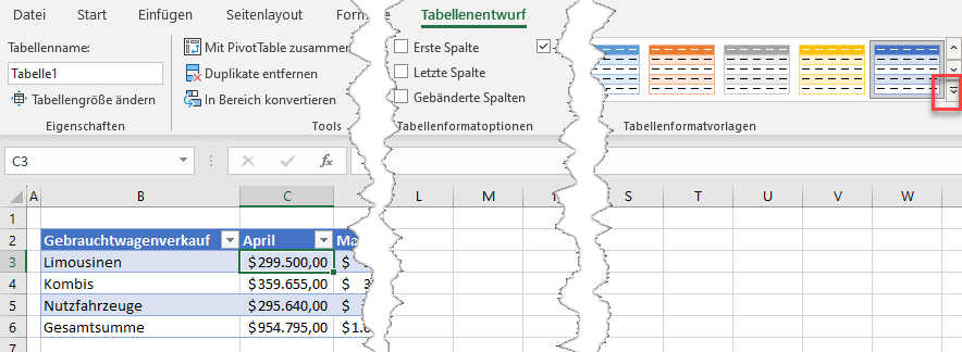 Registerkarte Tabellenentwurf weitere Tabellendesigns