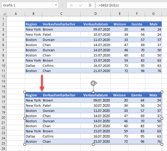 Schwebende Tabelle in Excel