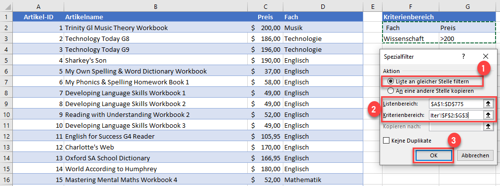 Spezialfilter in Excel einrichten