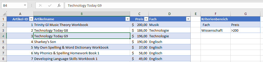 Spezialfilter in Excel