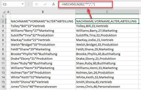 Sternchen mit Excel Funktion WECHSELN ersetzen