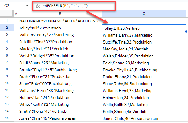 Sternchen mit Google Sheets Funktion WECHSELN ersetzen