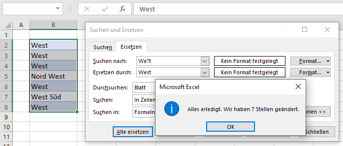 Suchen und Ersetzen mit Fragezeichen Platzhalter Ergebnis