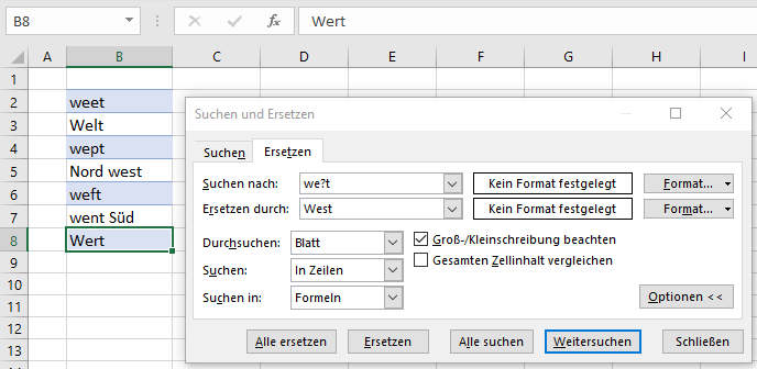 Suchen und Ersetzen mit Fragezeichen Platzhalter Groß Kleinschreibung beachten