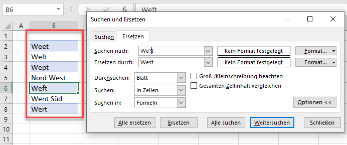 Suchen und Ersetzen mit Fragezeichen Platzhalter