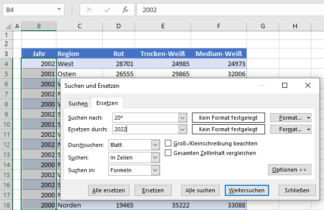 Suchen und Ersetzen mit Platzhaltern Excel