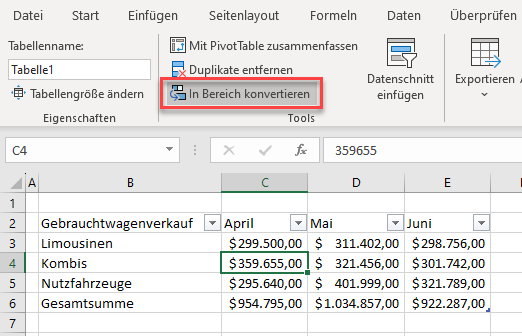 Tabellen in Bereich konvertieren