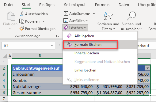 Tabellenformate in Excel loeschen