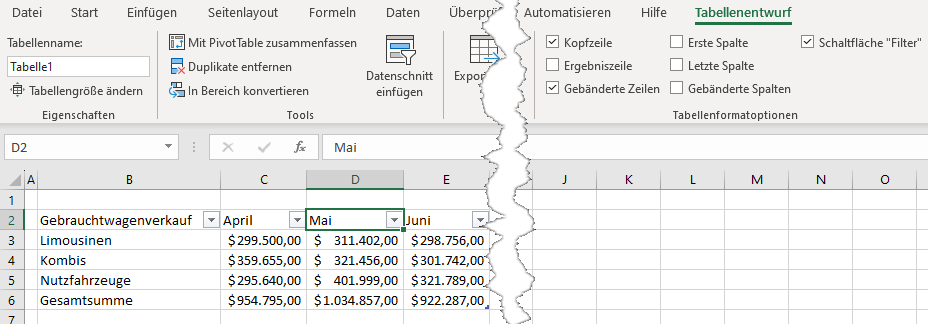 Tabellenformatierung in Excel geloescht