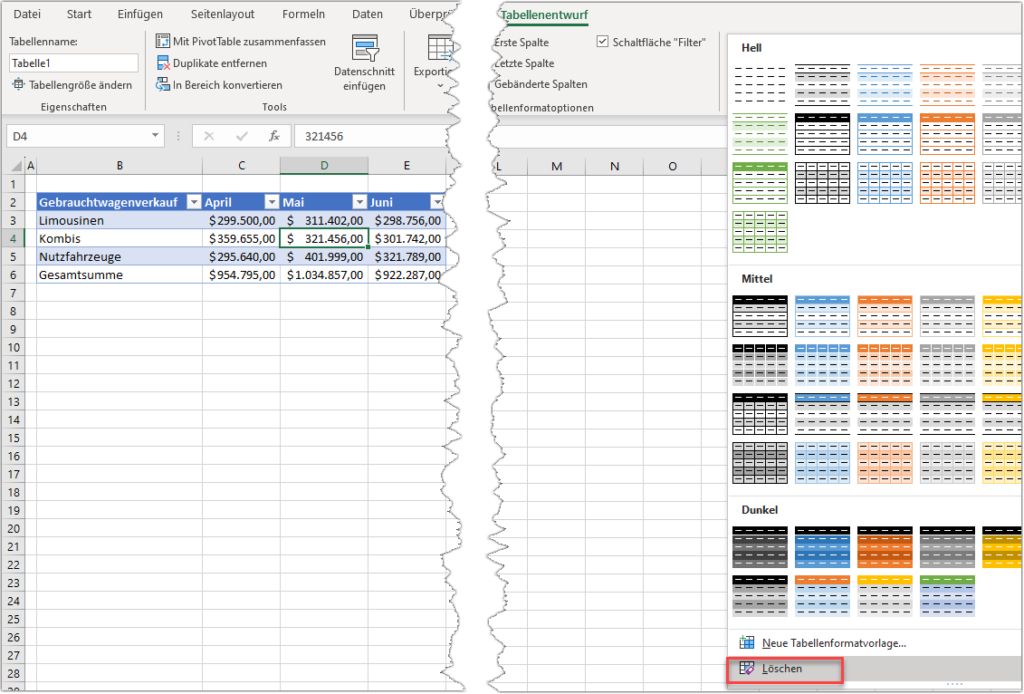 Eine Tabelle (Tabellenformatierung) in Excel entfernen Automate Excel