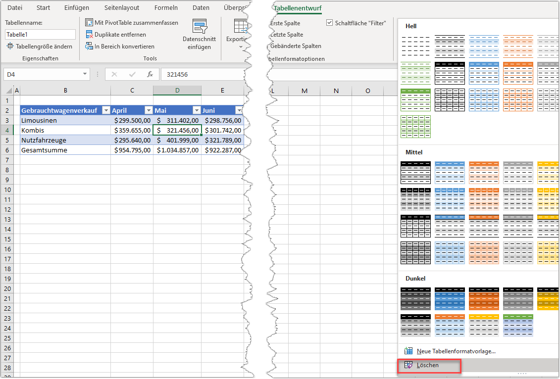 Tabellenformatierung in Excel loeschen