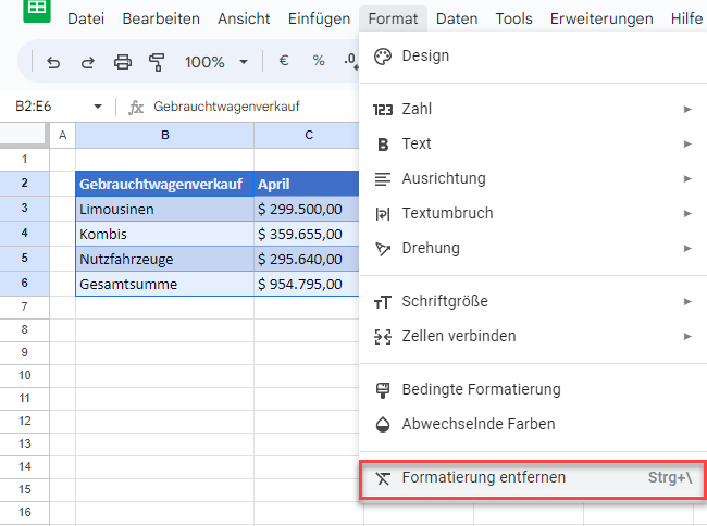 Tabellenformatierung in Google Sheets entfernen