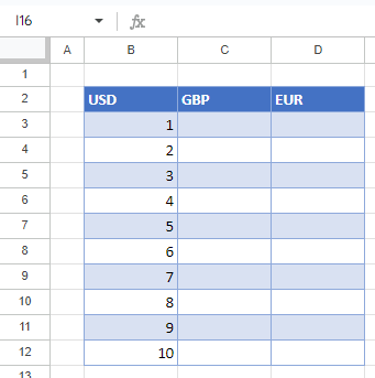 Tabla para Conversión de Divisas Google Sheets