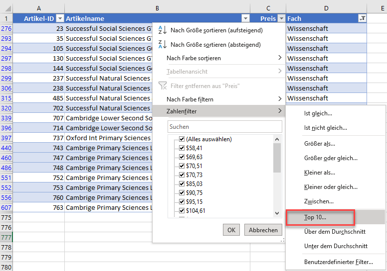 Textfilter und Zahlenfilter in Excel anwenden