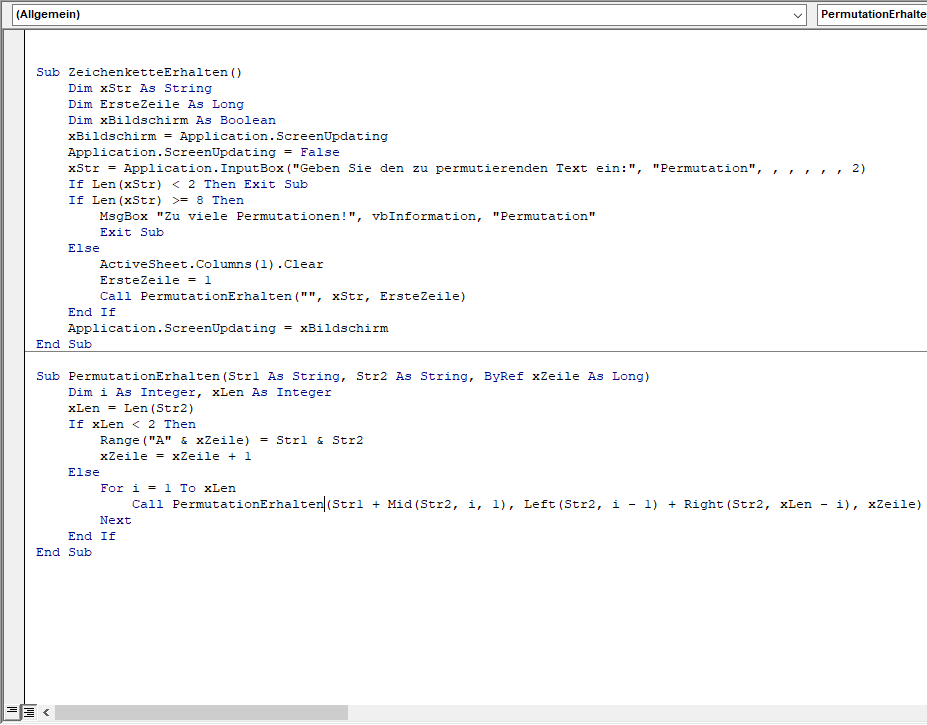 VBA Code fuer Permutationen