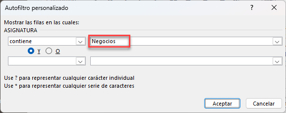 Ventana Autofiltro Personalizado Texto Contiene