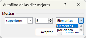 Ventana Autofiltro de los Diez Mejores