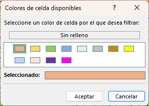 Ventana Colores de Celda Disponibles