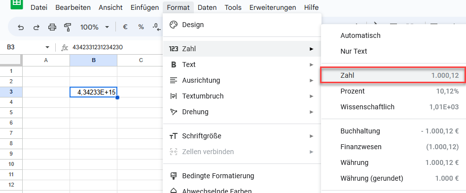 Wissenschaftliche Notation durch Formatierung in Google Sheets entfernen