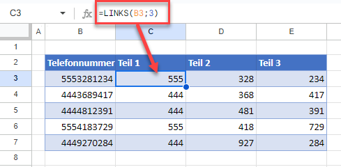 Zahlen in Google Sheets trennen