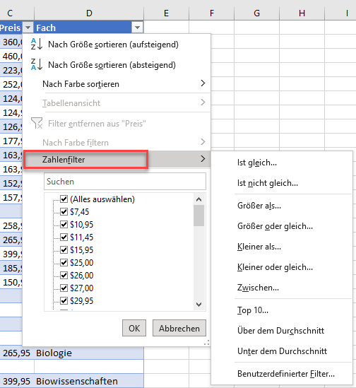 Zahlenfilter Optionen in Excel
