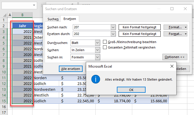 Zahlenwerte mit Fragezeichen Platzhalter suchen und ersetzen Ergebnis