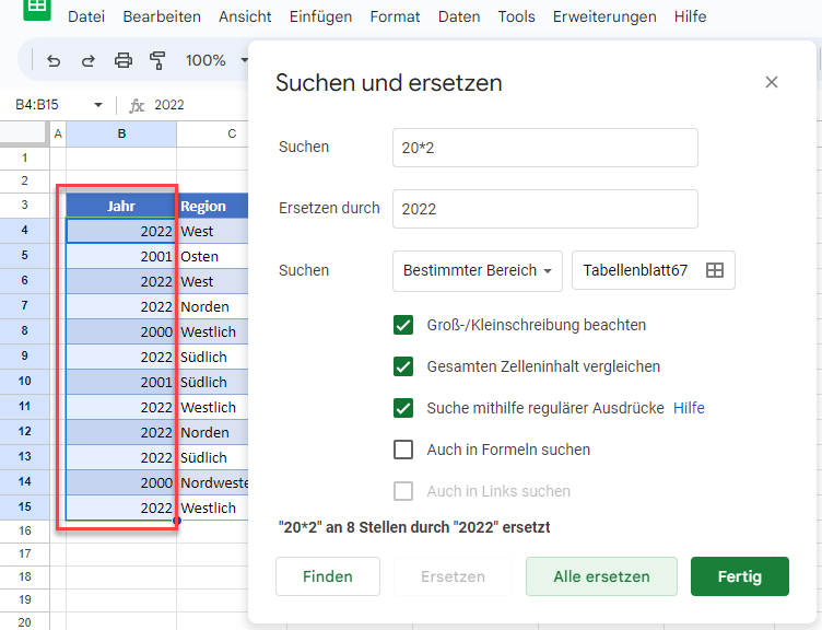 Zahlenwerte mit Sternchen Platzhalter suchen und ersetzen Ergebnis GS