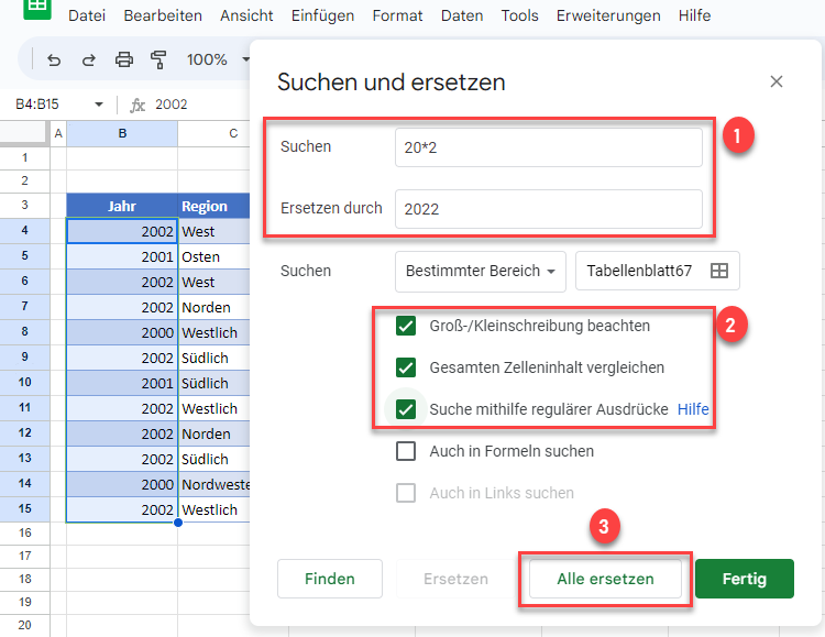 Zahlenwerte mit Sternchen Platzhalter suchen und ersetzen GS