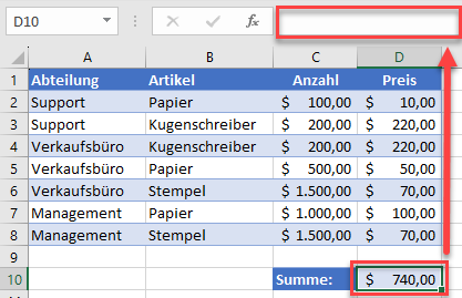 Zelle mit ausgeblendeter Formeln