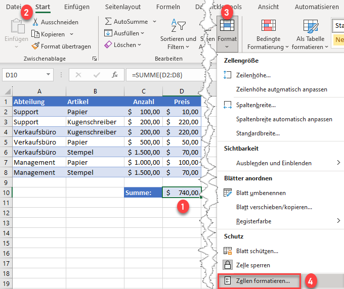 Zellen mit eingeblendeten Formeln formatieren