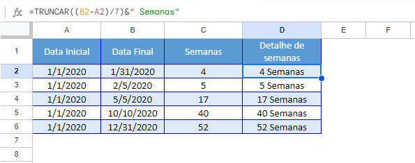 arredondar para cima numero de semanas google sheets