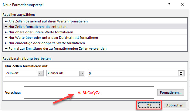 bedingte Formatierung fuer negative Zahlen festgelegt