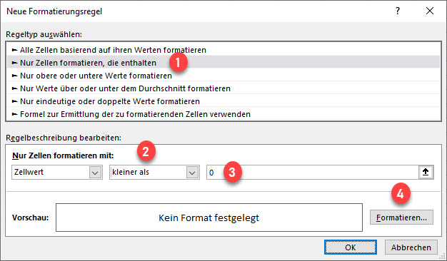 bedingte Formatierung fuer negative Zahlen festlegen