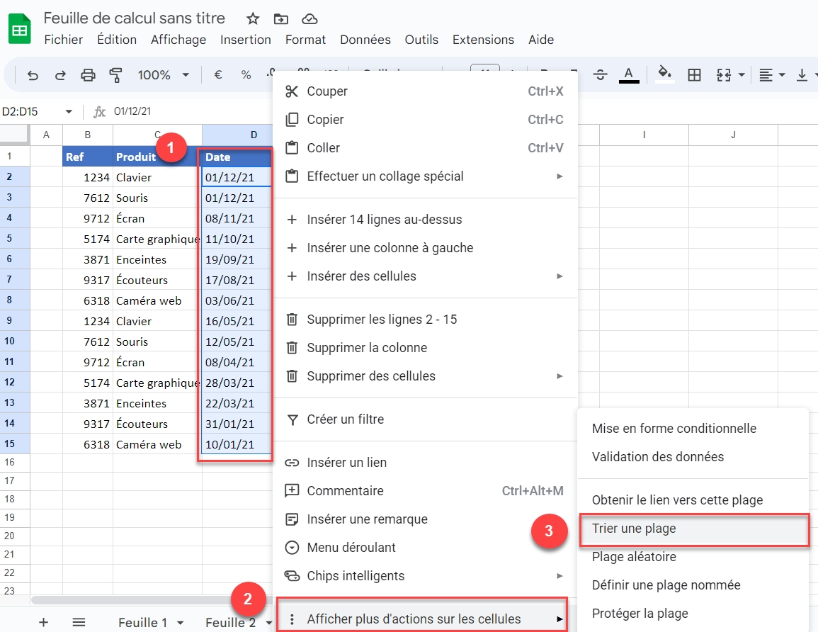 bouton droit souris google sheets