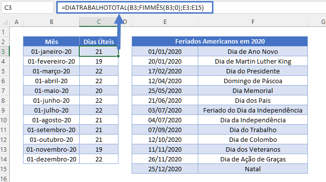 dias uteis durante um mes