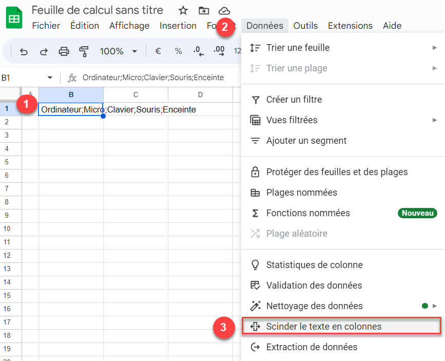 diviser texte colonnes google sheet