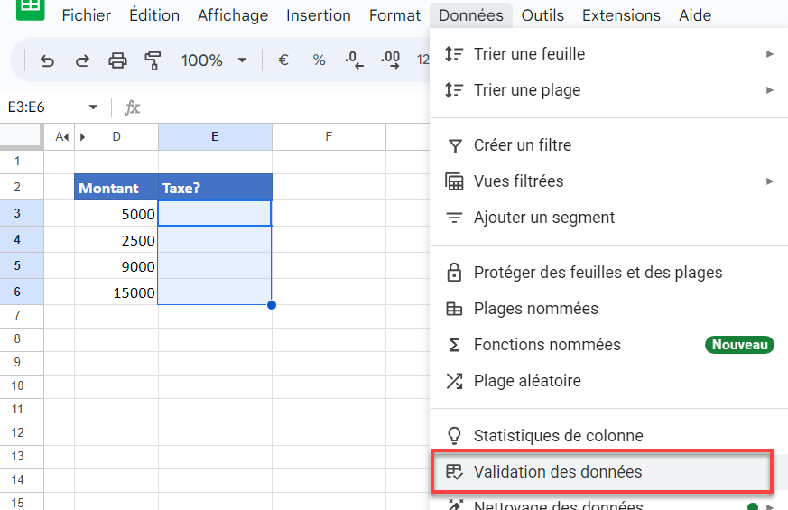 donnees validation donnees google sheet