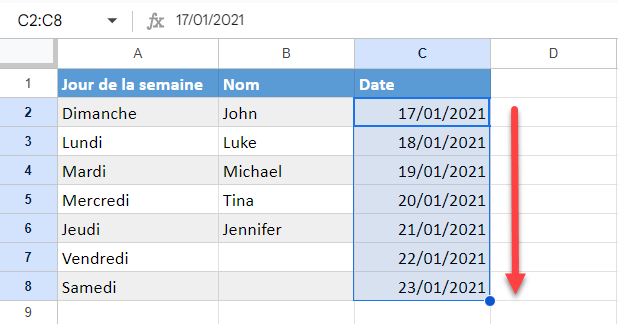 double clique remplissage google sheets