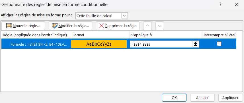 excel conditions multiples gestionnaire regles